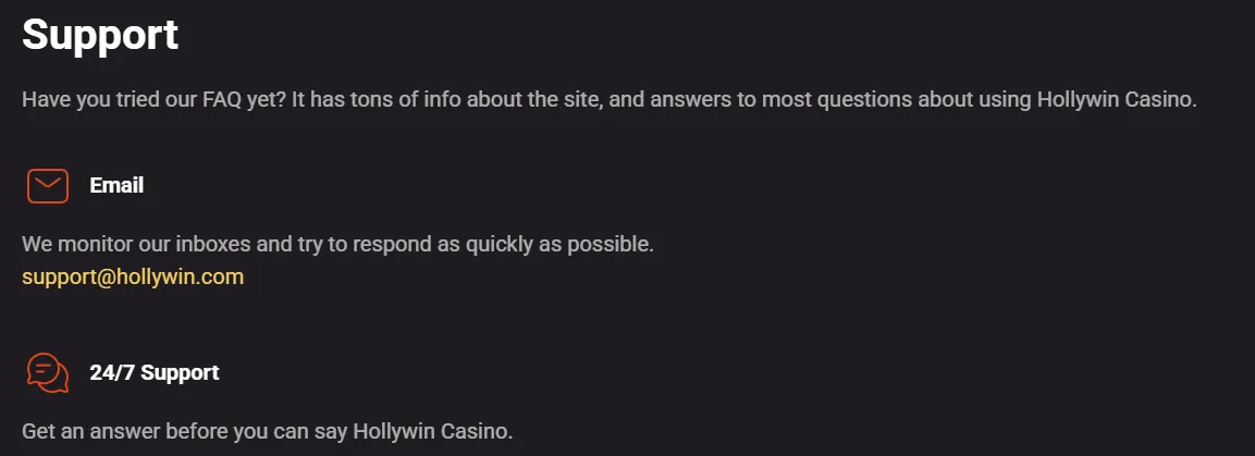 Hollywin Casino 24/7 customer support service
