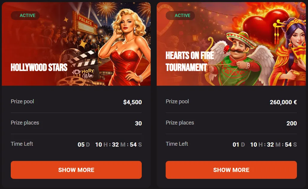 Online casino tournaments with big prize pools at Hollywin